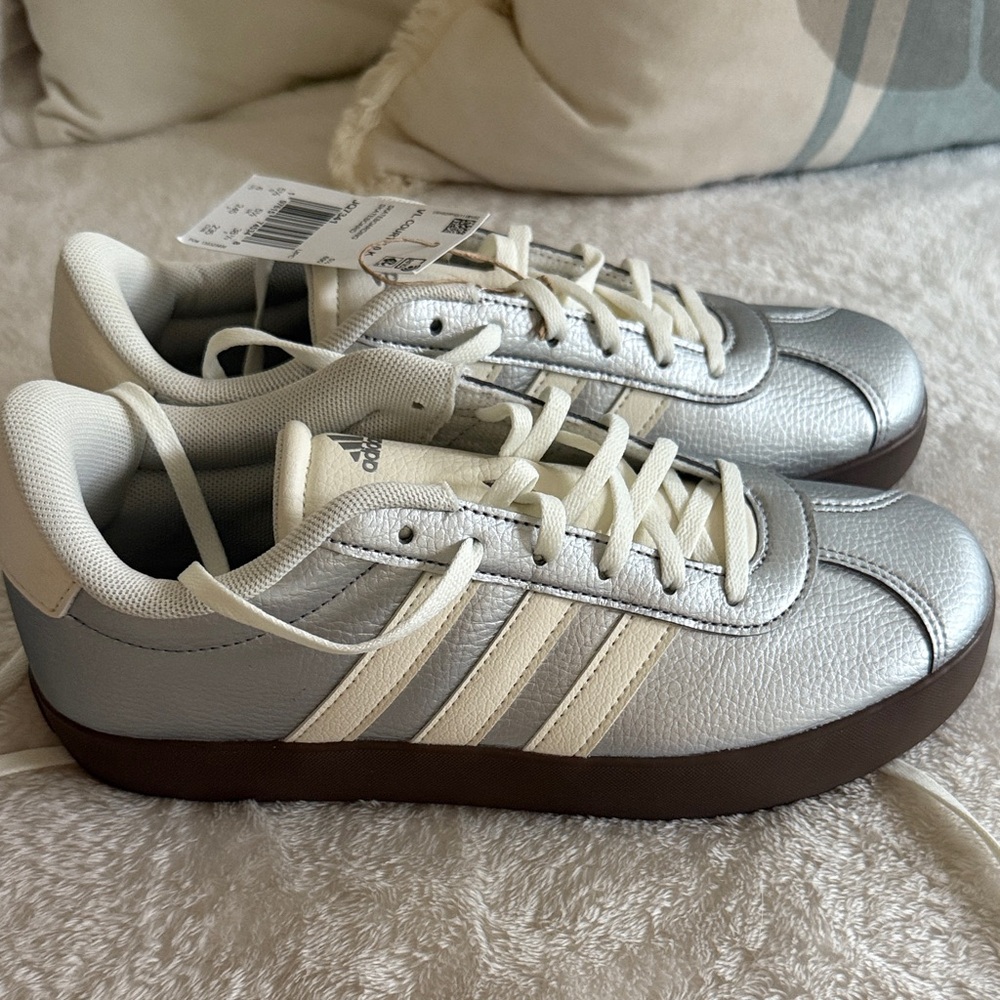 Adidas Metallic Silver and Cream Sneakers